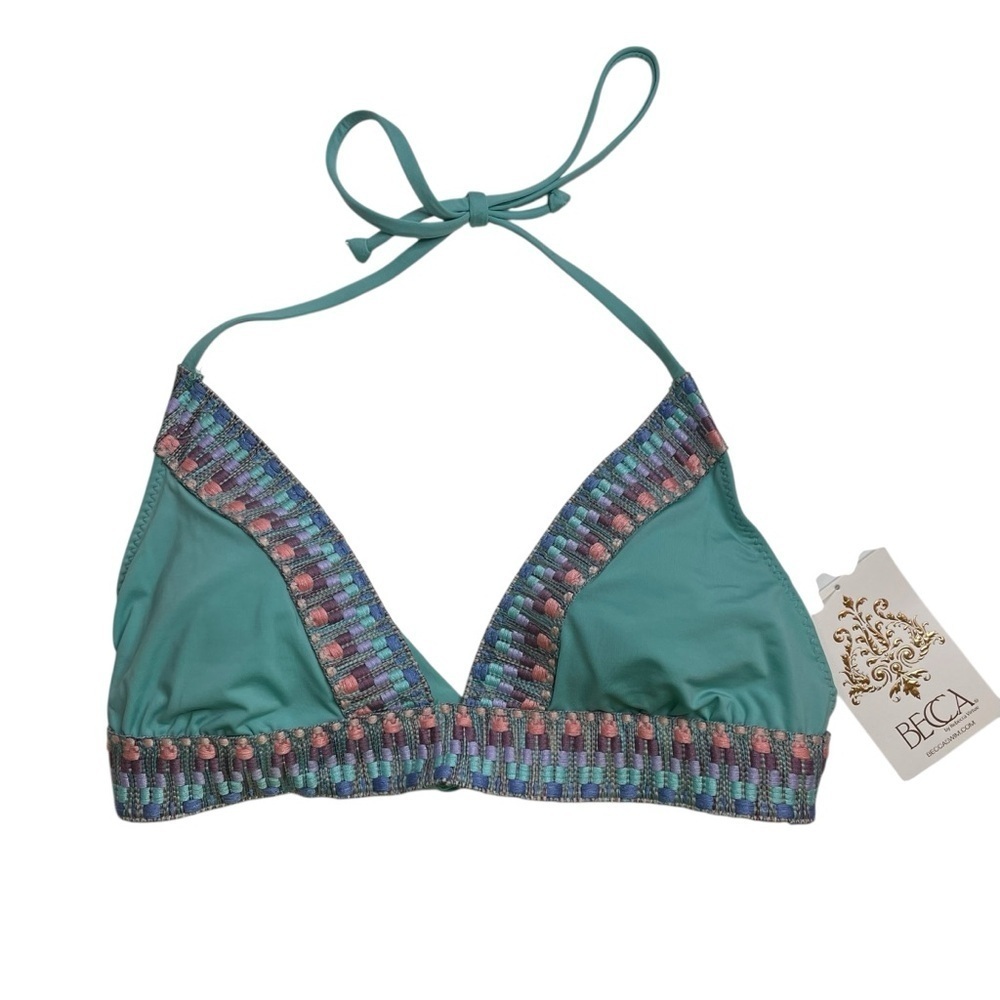 Becca Fiesta Crochet-Trim Halter Bikini Top Teal Blue Small New